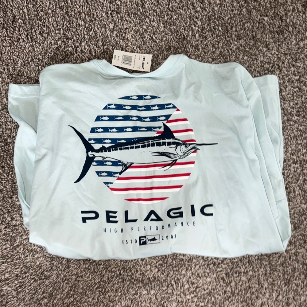 Men’s brand new Pelagic Sky Blue Marlin Graphic Tee